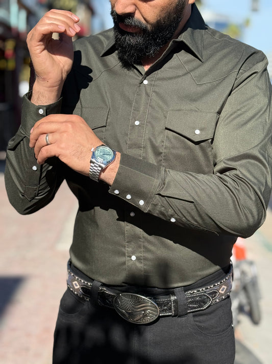 Men's Olive Green Western Pearl Snap Shirt