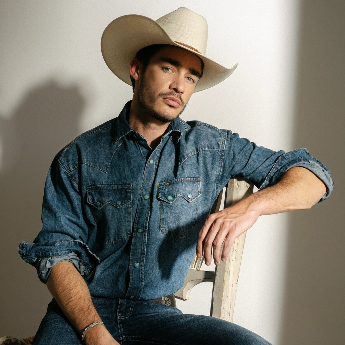 Stetson denim western shirt on model