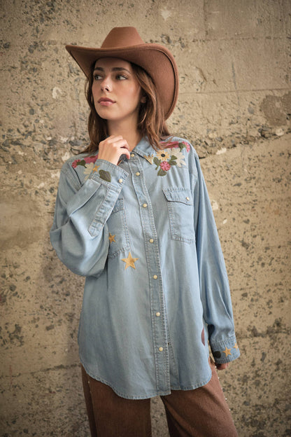 Women's medium denim Tencel western shirt with floral embroidery, front view