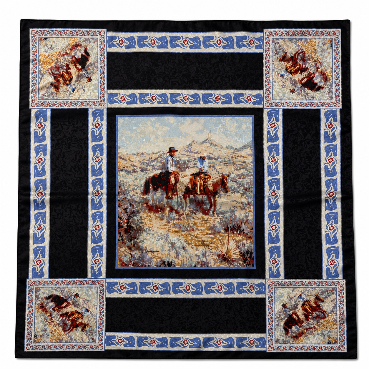 Black Cowboy Scene Silk Western Scarf Last Rodeo