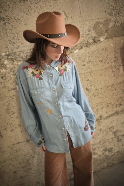 Floral embroidered Tencel western shirt styled with cowboy hat