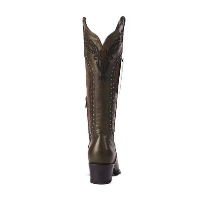 Women’s Cognac Snip Toe Western Cowboy Boots – 16” Tall Embroidered Leather Last Rodeo Western Wear & Hat Bar