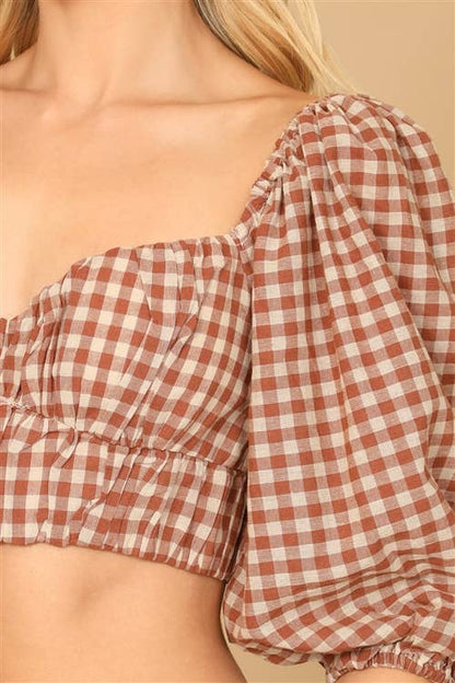 Puff Sleeve Plaid Crop Top – Red Taupe