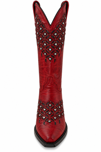 Women's Red Leather Snip Toe Cowboy Boots – Crystal & Studded Inlay Western Boot