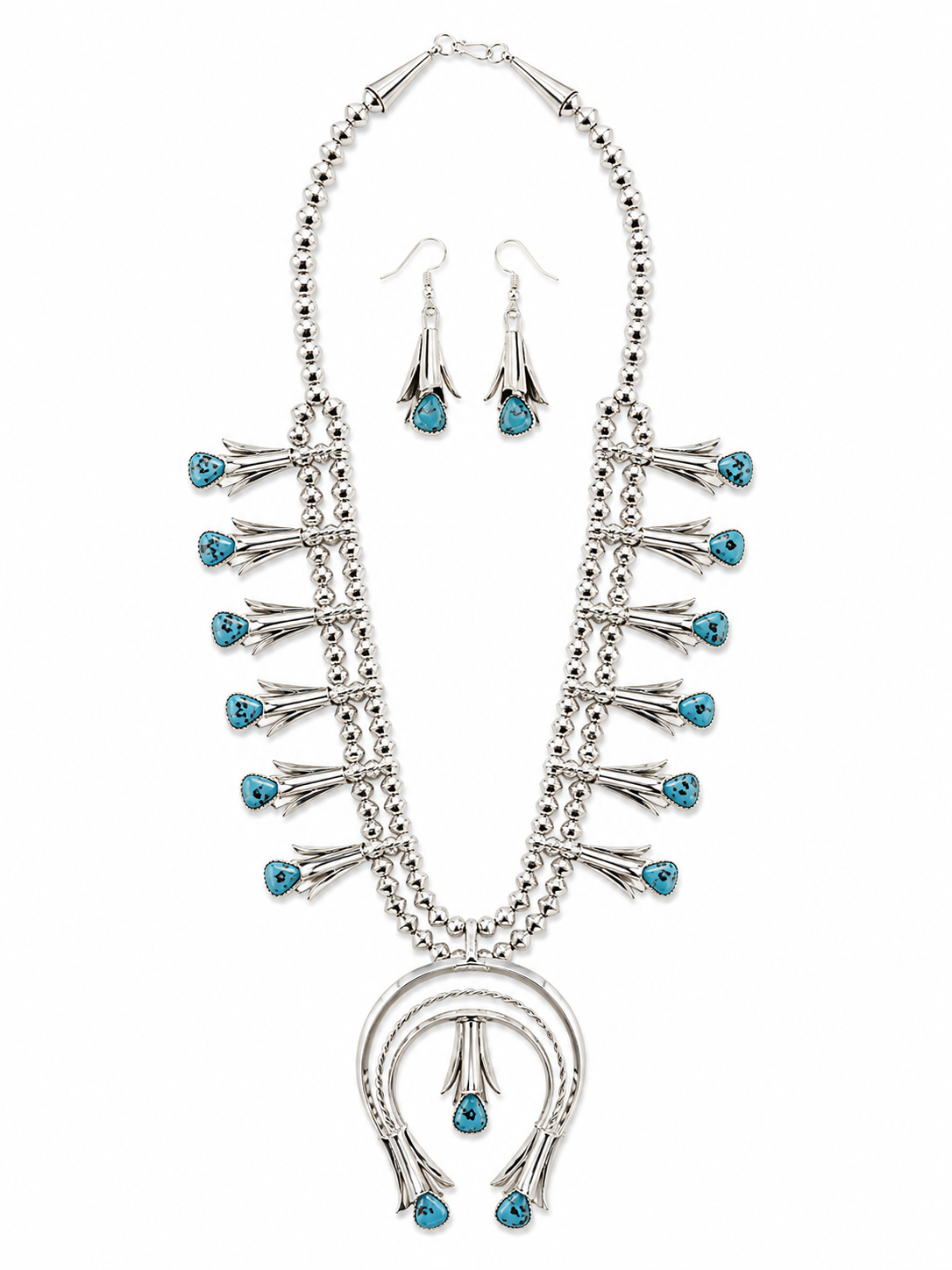Native American Sterling Silver & Turquoise Squash Blossom Necklace & Earring Set Last Rodeo Western Wear & Hat Bar