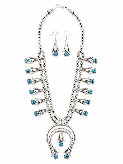 Native American Sterling Silver & Turquoise Squash Blossom Necklace & Earring Set Last Rodeo Western Wear & Hat Bar