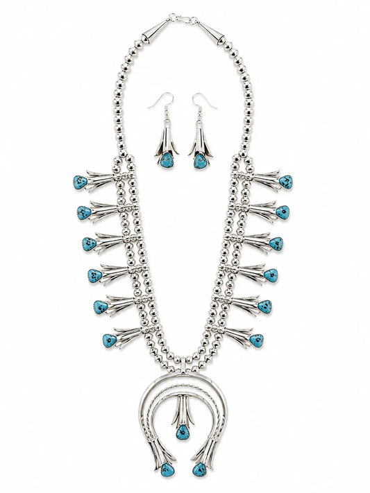 Native American Sterling Silver & Turquoise Squash Blossom Necklace & Earring Set Last Rodeo Western Wear & Hat Bar