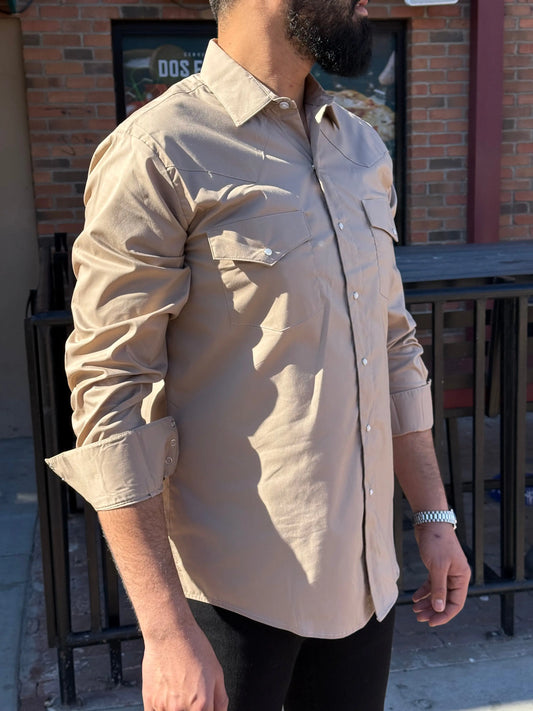 Men’s Desert Sand Western Pearl Snap Shirt – Classic Cowboy Fit (Beige) Last Rodeo Western Wear & Hat Bar