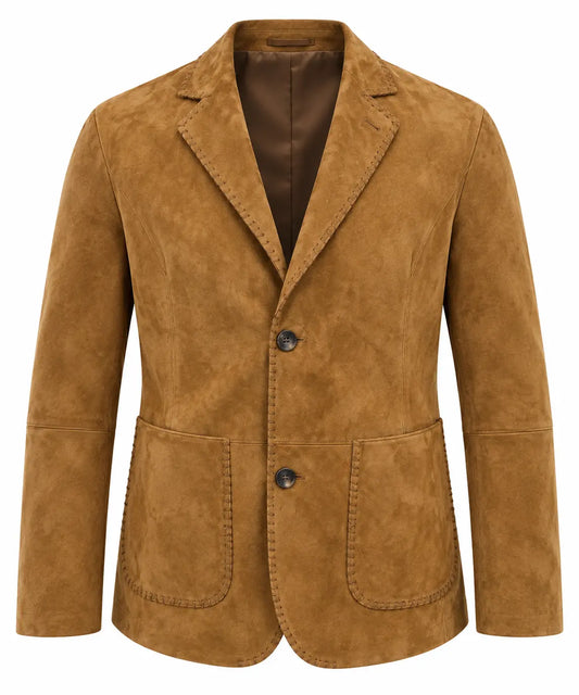 Men's premium Tobacco lambskin suede leather Western blazer, front view