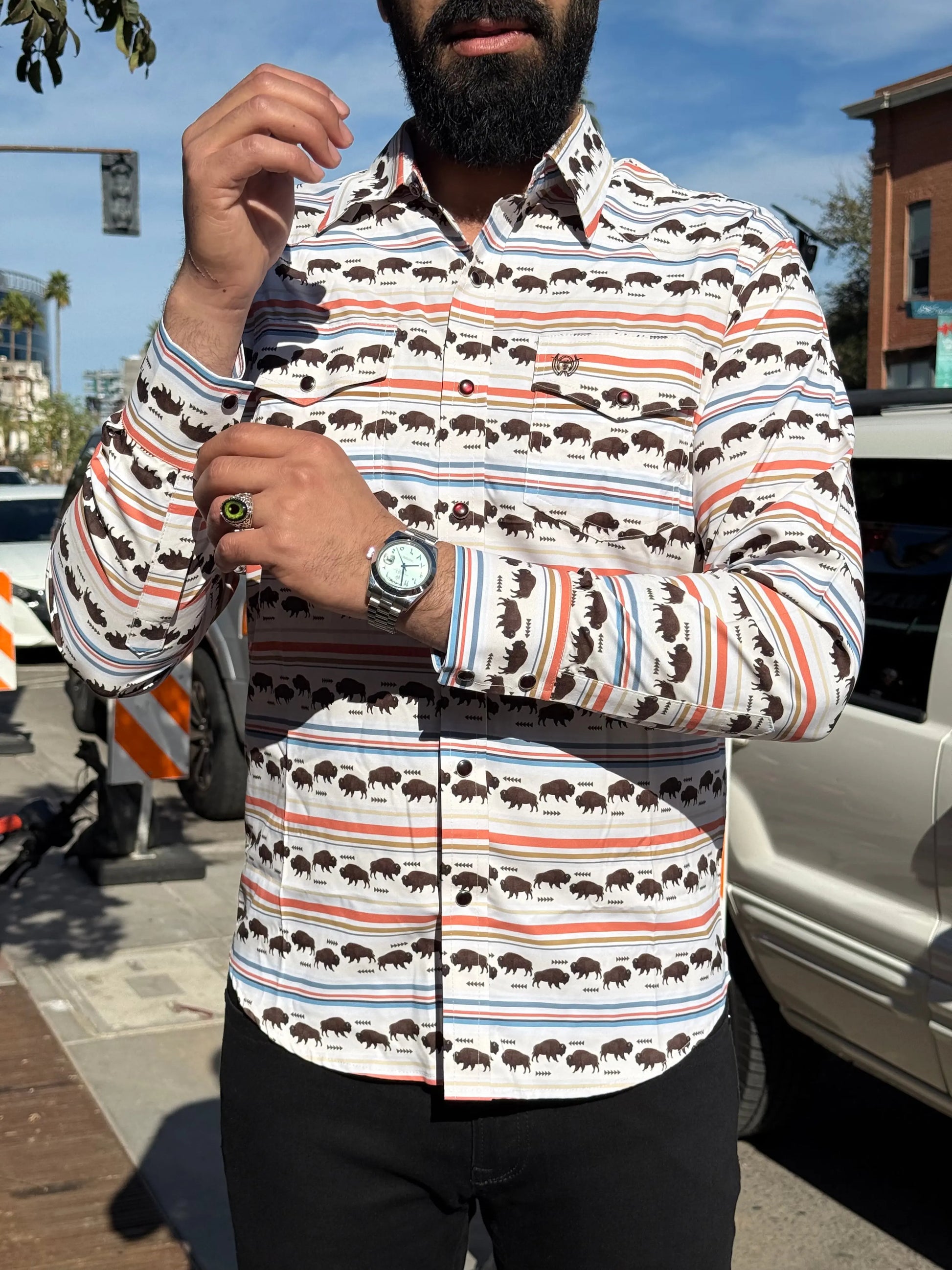 Men's Buffalo Stripe Western Pearl Snap Shirt Last Rodeo Western Wear & Hat Bar