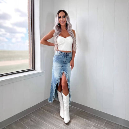 Frontier Chic High-Slit Denim Skirt