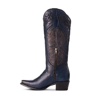 Women’s Snip Toe Western Cowboy Boots – 16” Tall Embroidered Leather Last Rodeo Western Wear & Hat Bar