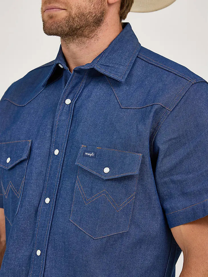Wrangler Men’s Short Sleeve Denim Western Snap Shirt – Dark Indigo Last Rodeo Western Wear & Hat Bar