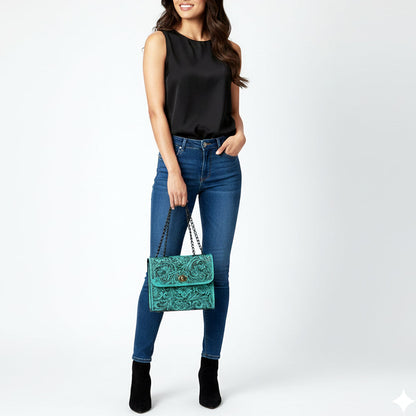 American Darling Turquoise Hand-Tooled Floral Leather Crossbody Bag Last Rodeo Western Wear & Hat Bar