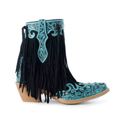 Women's Nashville Nights turquoise hand-tooled leather cowgirl boot with black fringe, side view