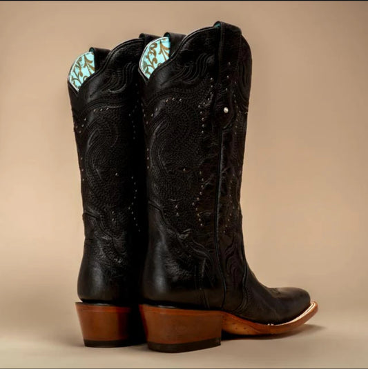 Black Studded Western Square Toe Boots