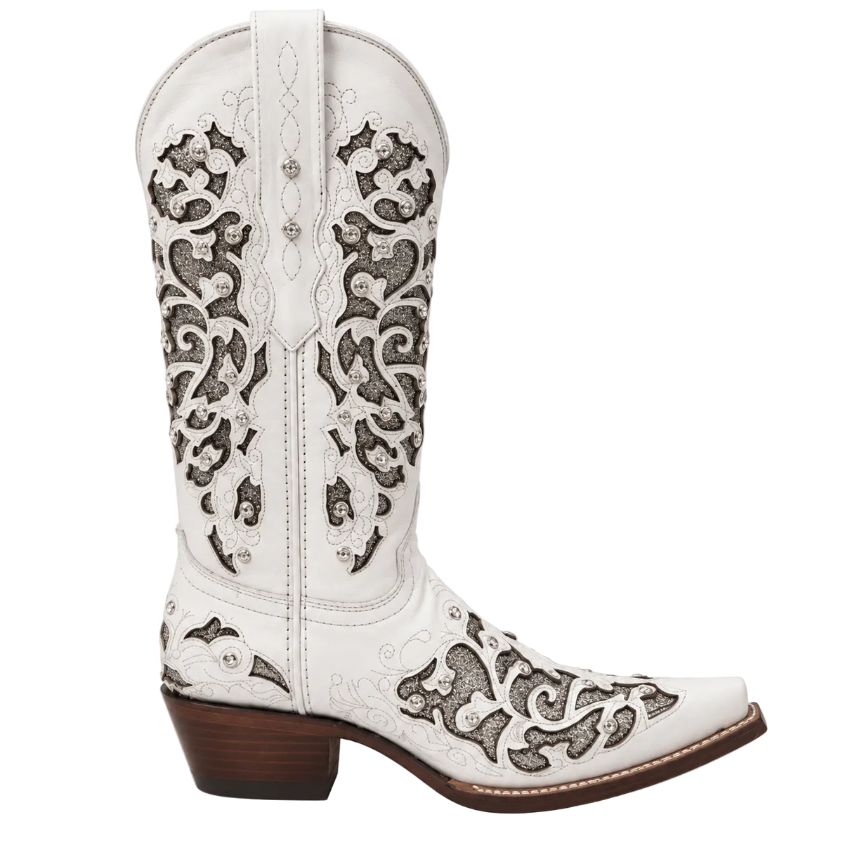 Women's White Leather Snip Toe Cowboy Boots – Silver Glitter Inlay & Crystal Western Boot