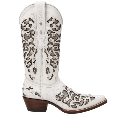 Women's White Leather Snip Toe Cowboy Boots – Silver Glitter Inlay & Crystal Western Boot