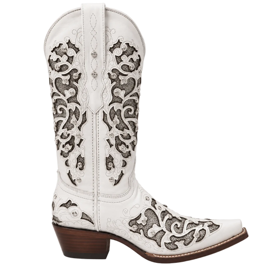 Women's White Leather Snip Toe Cowboy Boots – Silver Glitter Inlay & Crystal Western Boot