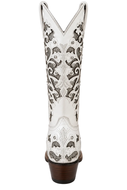 Women's White Leather Snip Toe Cowboy Boots – Silver Glitter Inlay & Crystal Western Boot