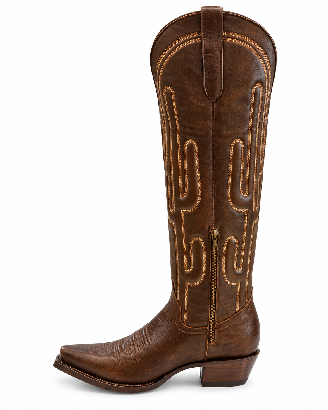 21-inch Tall Cactus Stitch Brown Western Cowboy Boots – Snip Toe Last Rodeo Western Wear & Hat Bar