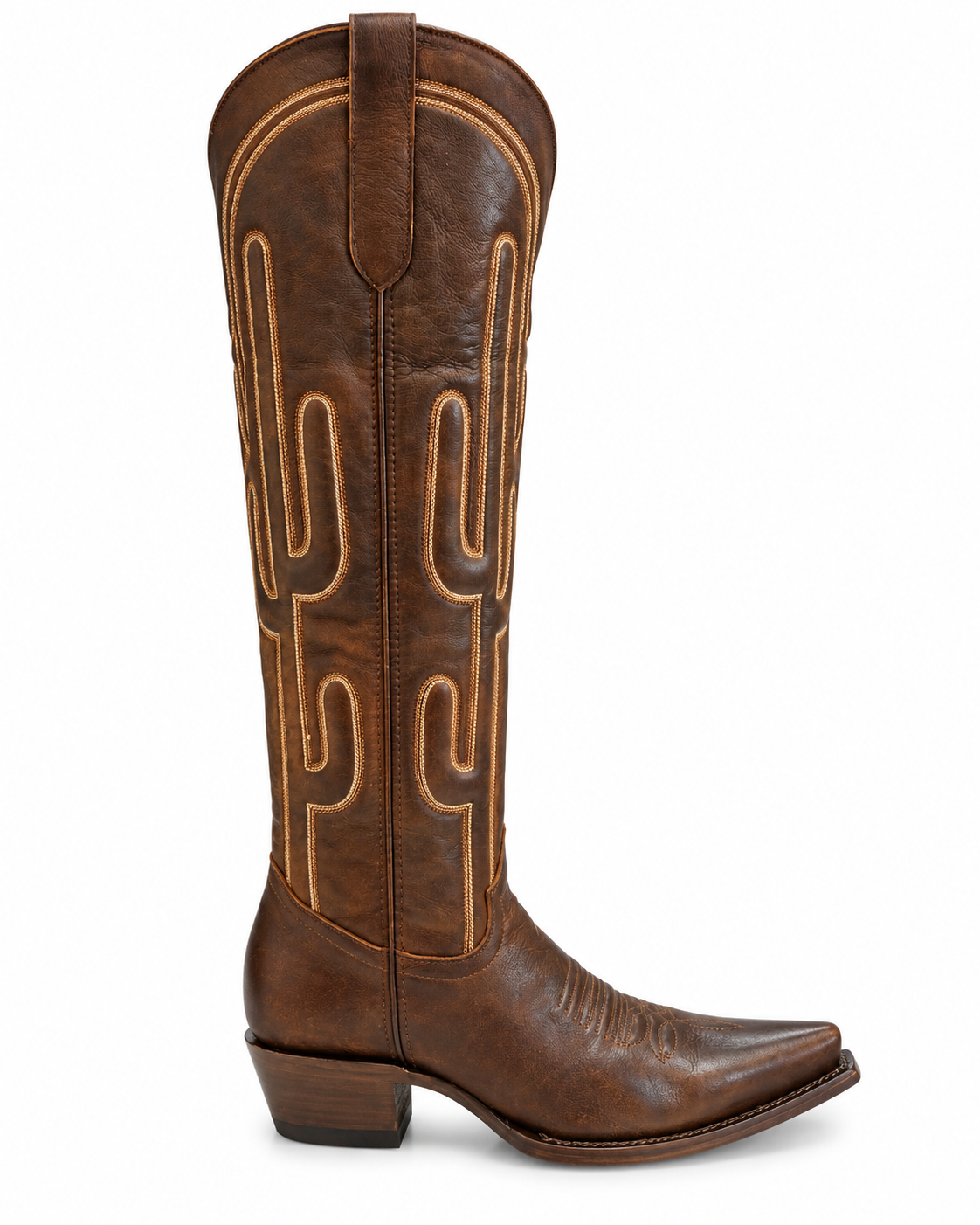 21-inch Tall Cactus Stitch Brown Western Cowboy Boots – Snip Toe Last Rodeo Western Wear & Hat Bar