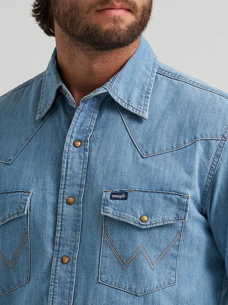 Wrangler Men’s Classic Denim Western Snap Shirt – Light & Dark Wash Last Rodeo Western Wear & Hat Bar