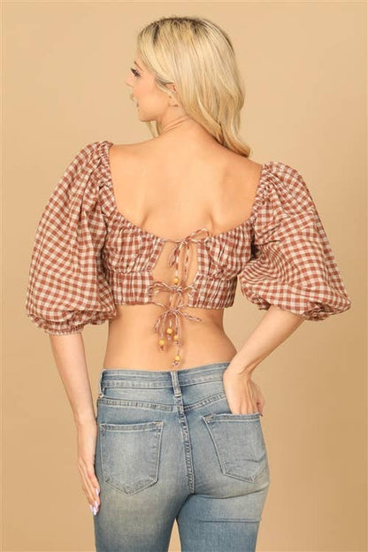 Puff Sleeve Plaid Crop Top – Red Taupe
