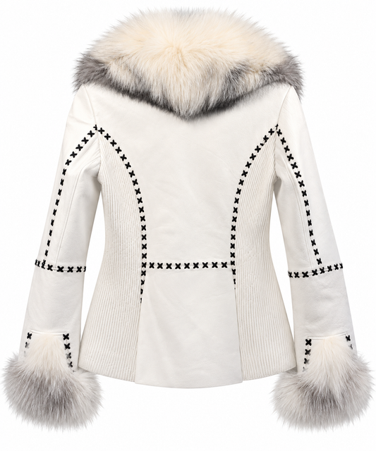 Women’s Luxury White Lambskin & Real Fox Fur Western Jacket