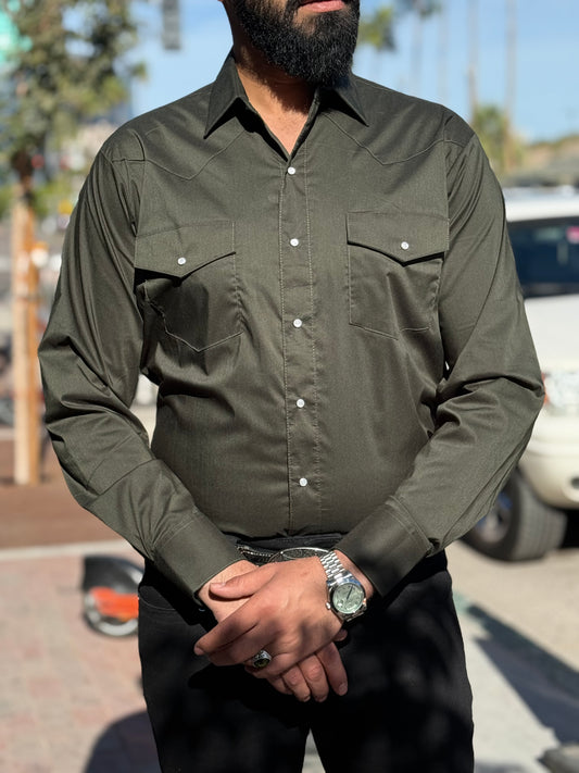 Men's Olive Green Western Pearl Snap Shirt
