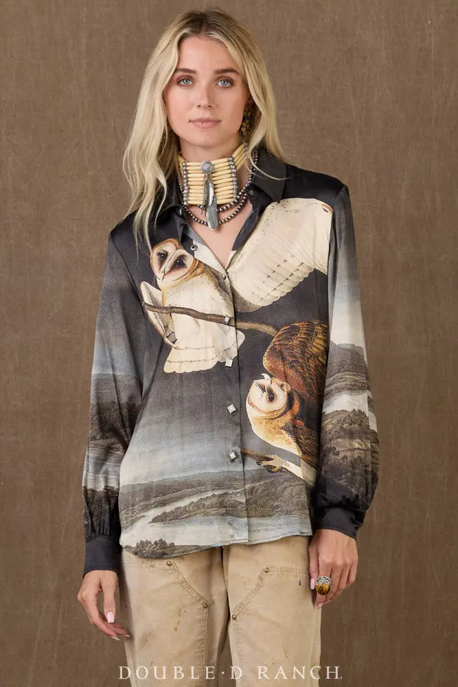 Double D Ranch Barn Owl Blouse black silk western top front