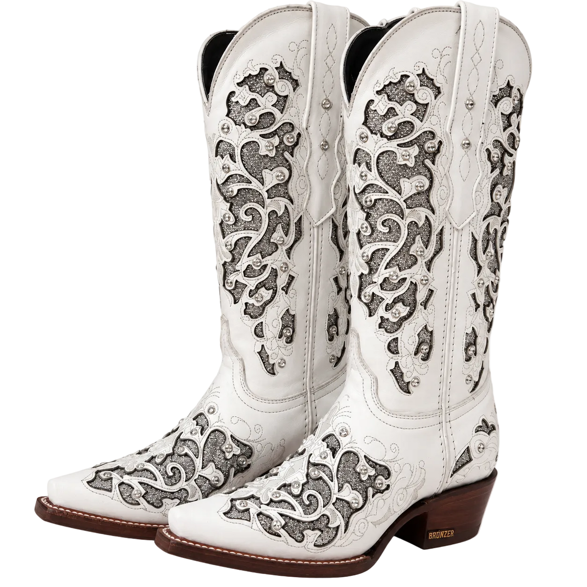 Women's White Leather Snip Toe Cowboy Boots – Silver Glitter Inlay & Crystal Western Boot