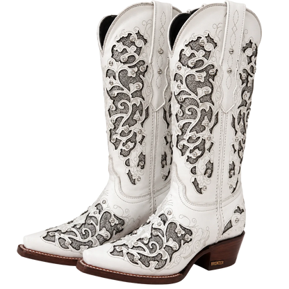 Women's White Leather Snip Toe Cowboy Boots – Silver Glitter Inlay & Crystal Western Boot
