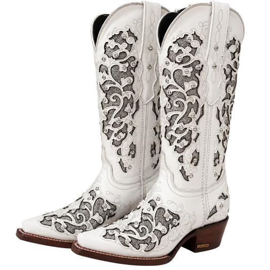 Women's White Leather Snip Toe Cowboy Boots – Silver Glitter Inlay & Crystal Western Boot
