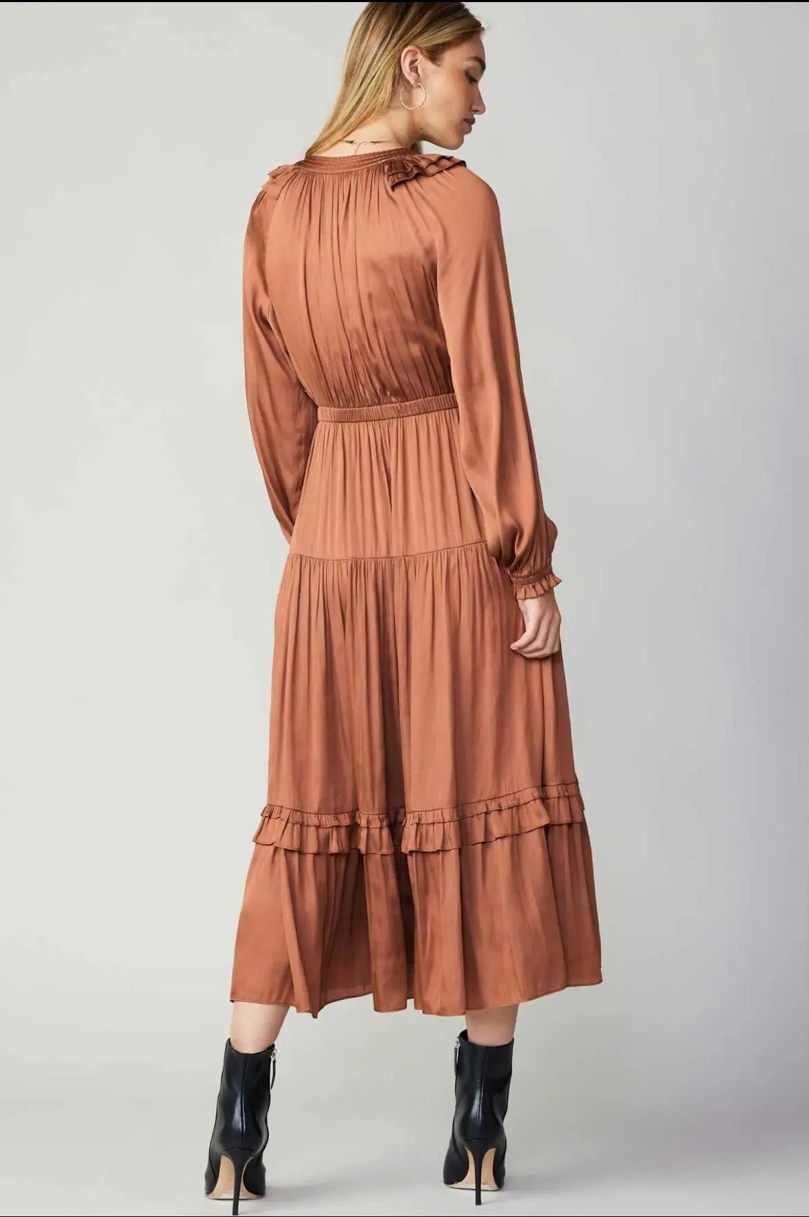 Rust Satin Western Maxi Dress – Long Sleeve Cowgirl Midi Dress Last Rodeo Western Wear & Hat Bar