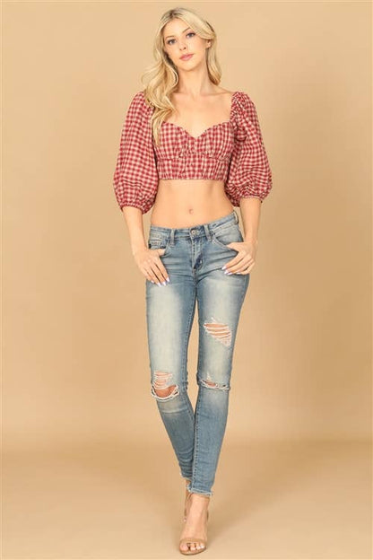 Puff Sleeve Plaid Crop Top – Red Taupe