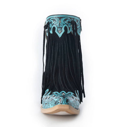 Close-up of hand-tooled turquoise leather and Swarovski stones on cowgirl boot