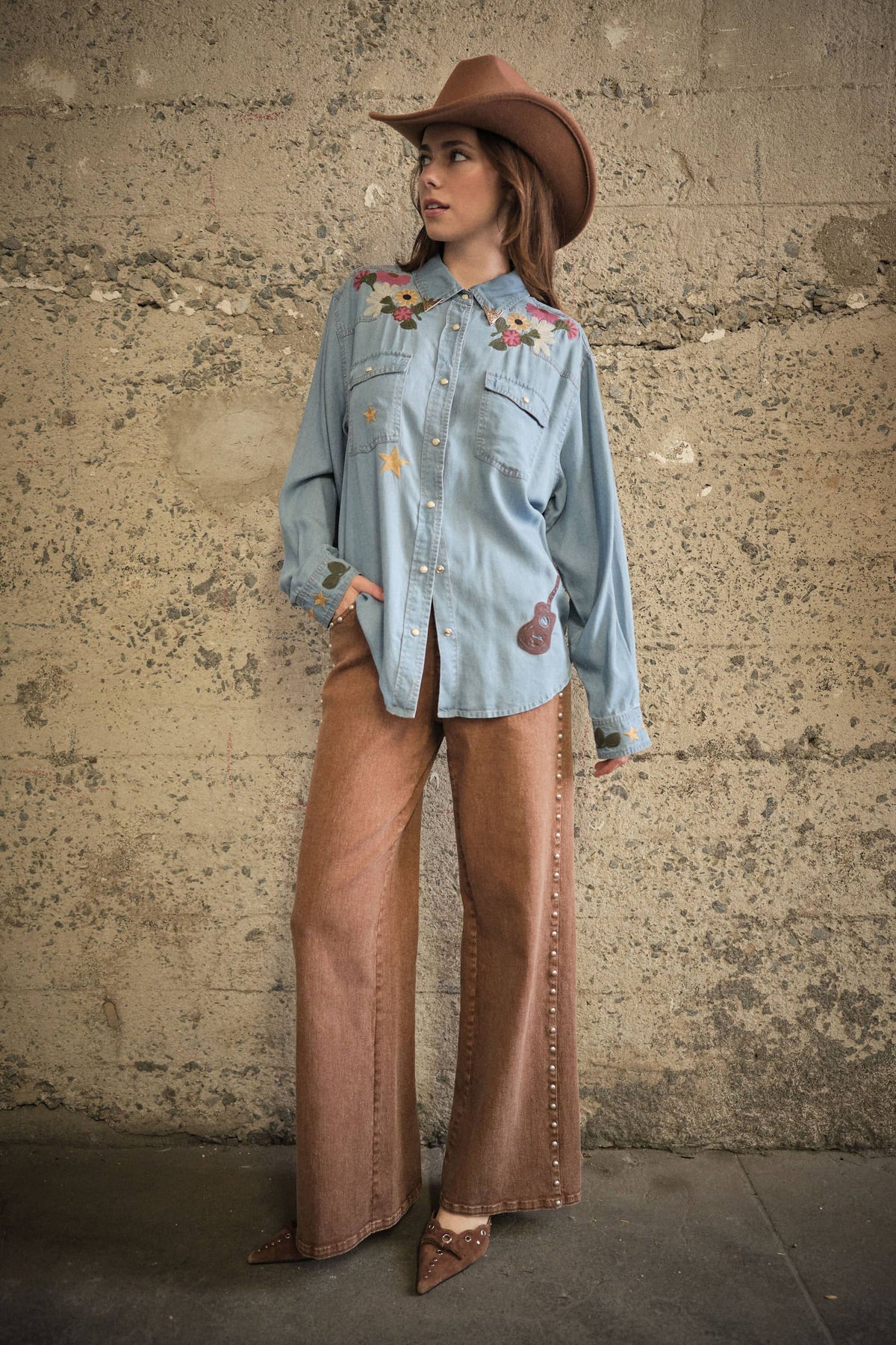 Back yoke embroidery on women's oversized western shirt