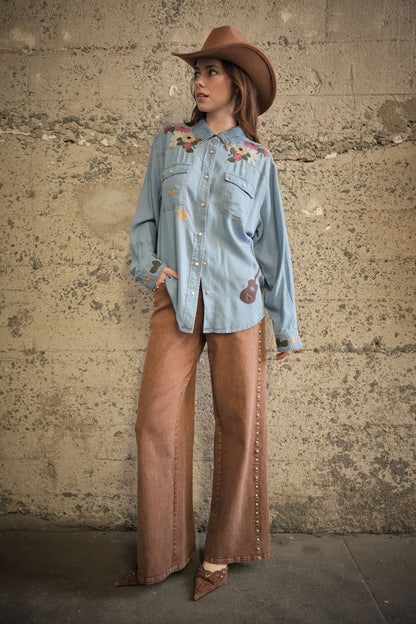 Back yoke embroidery on women's oversized western shirt