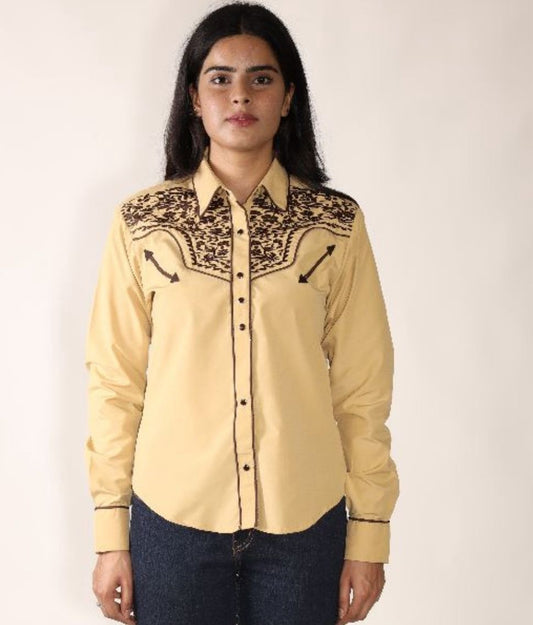 Women’s Yellow & Brown Embroidered Western Shirt