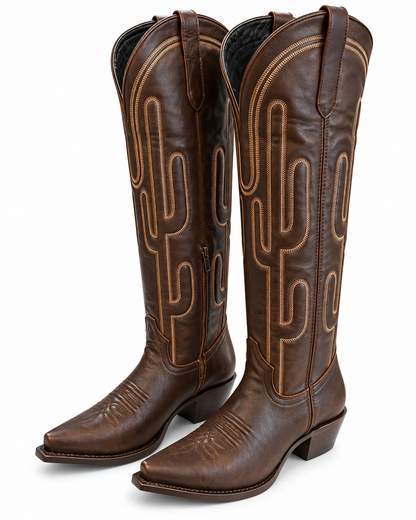 21-inch Tall Cactus Stitch Brown Western Cowboy Boots – Snip Toe Last Rodeo Western Wear & Hat Bar