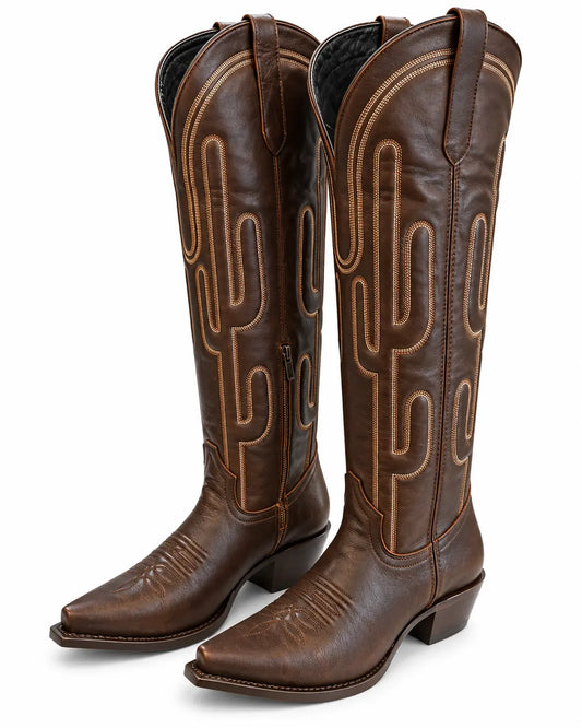 21-inch Tall Cactus Stitch Brown Western Cowboy Boots – Snip Toe Last Rodeo Western Wear & Hat Bar
