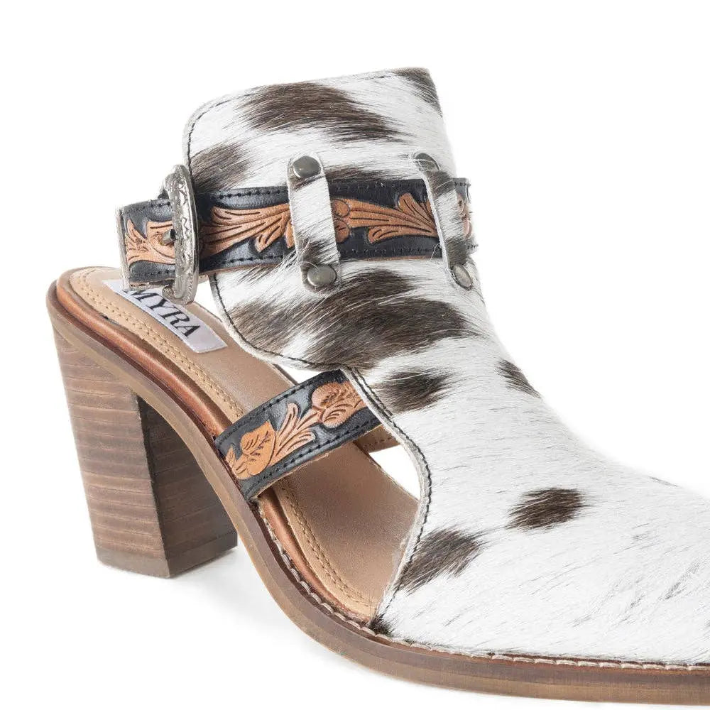 Women’s Hair On Cowhide Western Mule Heels  Hand Tooled Strap Statement Heel Myra Bag