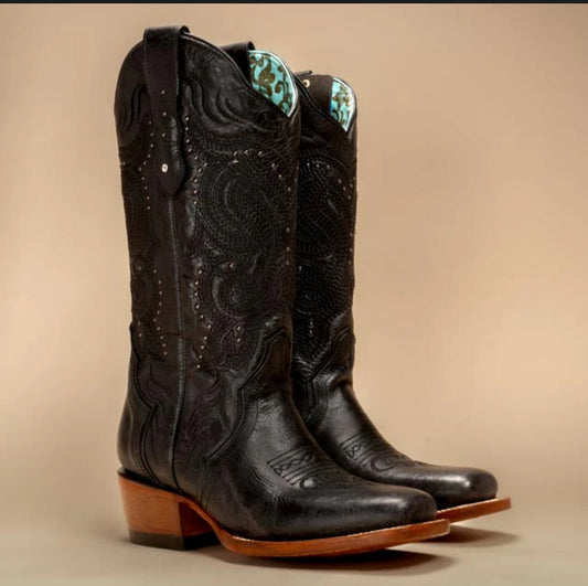 Black Studded Western Square Toe Boots