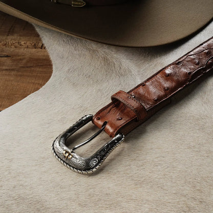 Stetson antique cognac ostrich belt worn with jeans