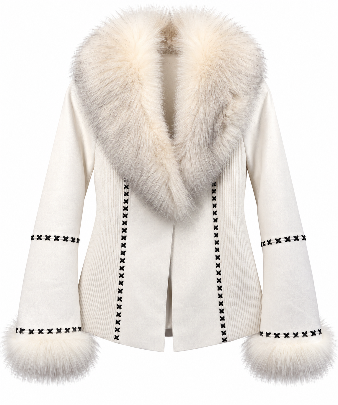 Women’s Luxury White Lambskin & Real Fox Fur Western Jacket