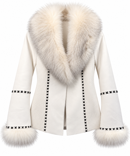 Women’s Luxury White Lambskin & Real Fox Fur Western Jacket
