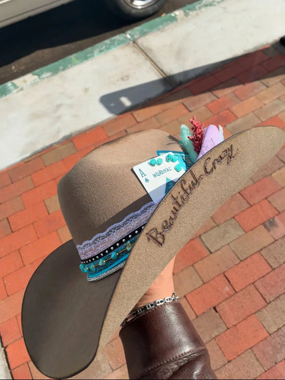 “Beautiful Crazy” Custom Western Hat — Turquoise, Lace & Feathers Last Rodeo Western Wear & Hat Bar