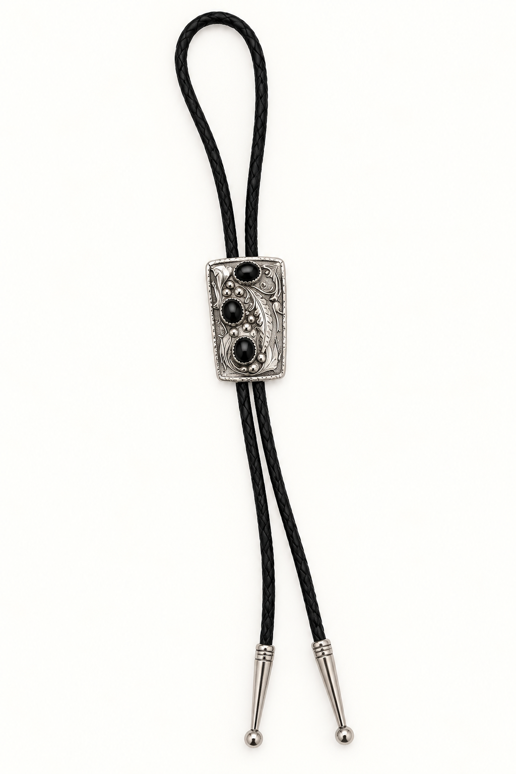 Native American Sterling Silver Three-Stone Black Onyx Bolo Tie