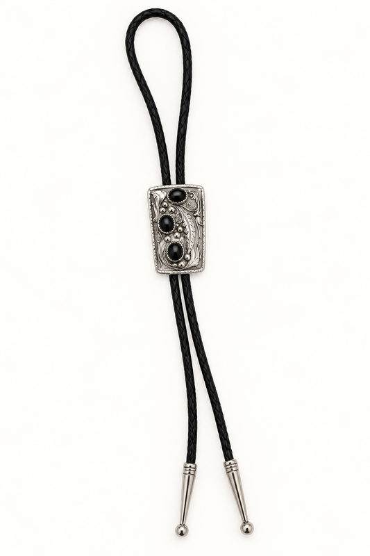 Native American Sterling Silver Three-Stone Black Onyx Bolo Tie